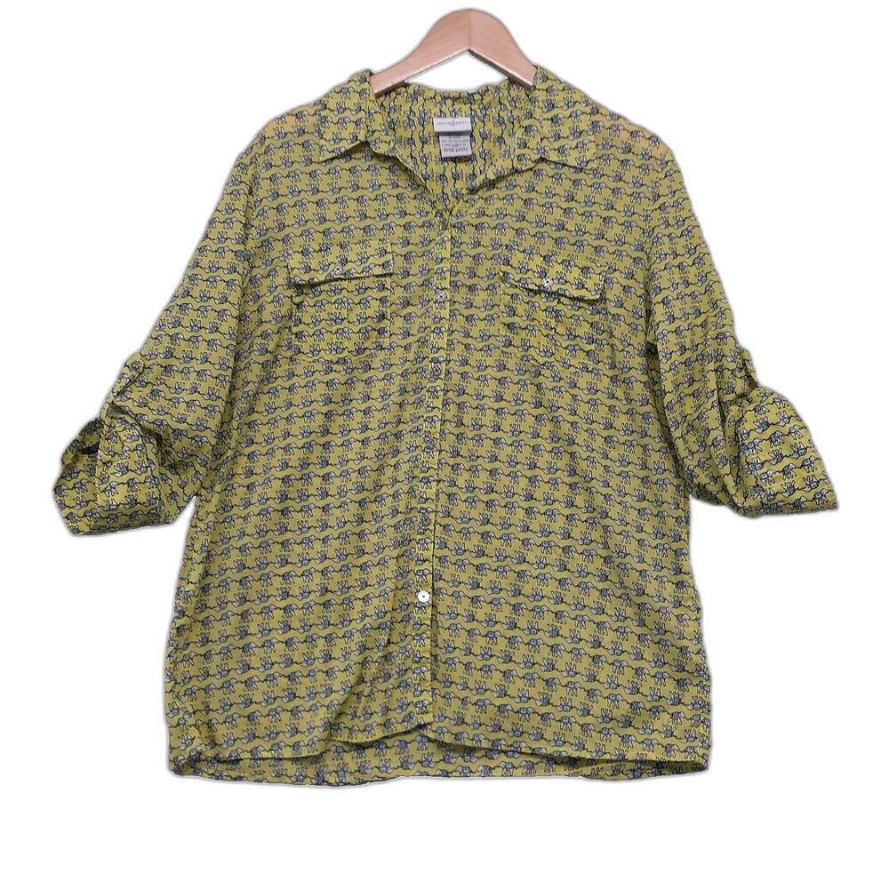 Jaclyn Smith Womens Blouse Green Elephant Print Roll Tab Sleeve Button Up Sz XL